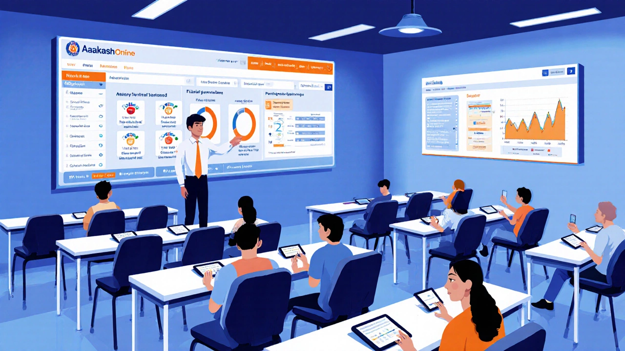 A modern Aakash Institute hub with tablets, live lecture screen, and AI performance dashboard.