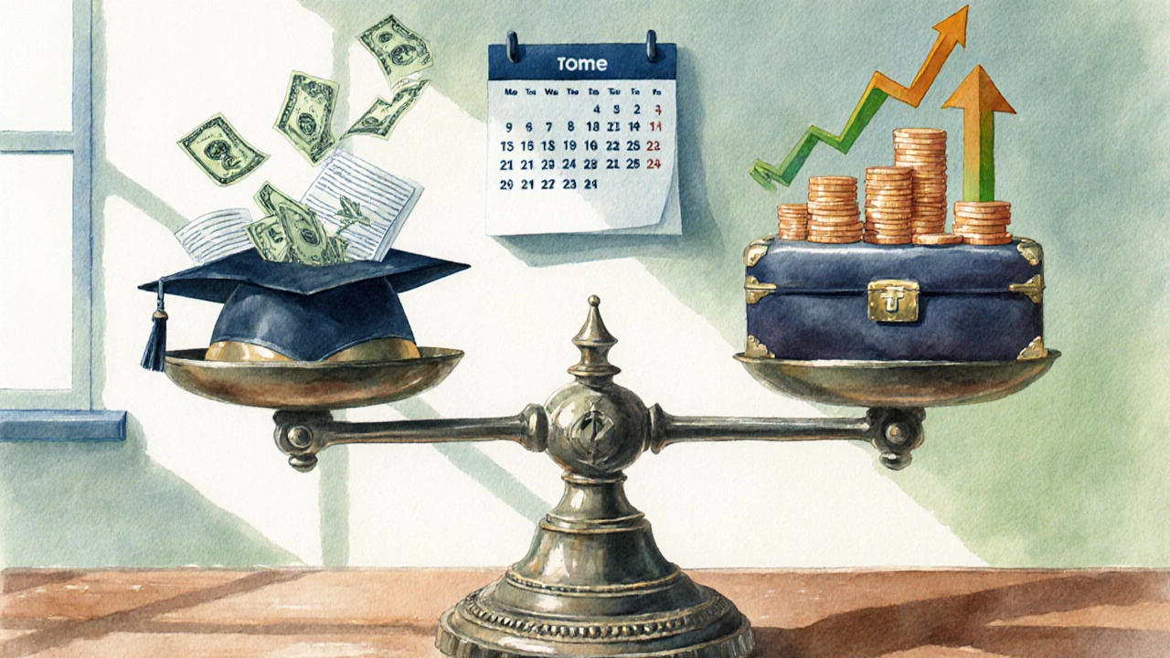 Balance scale with graduation cap and money on one side, briefcase and salary arrows on the other.