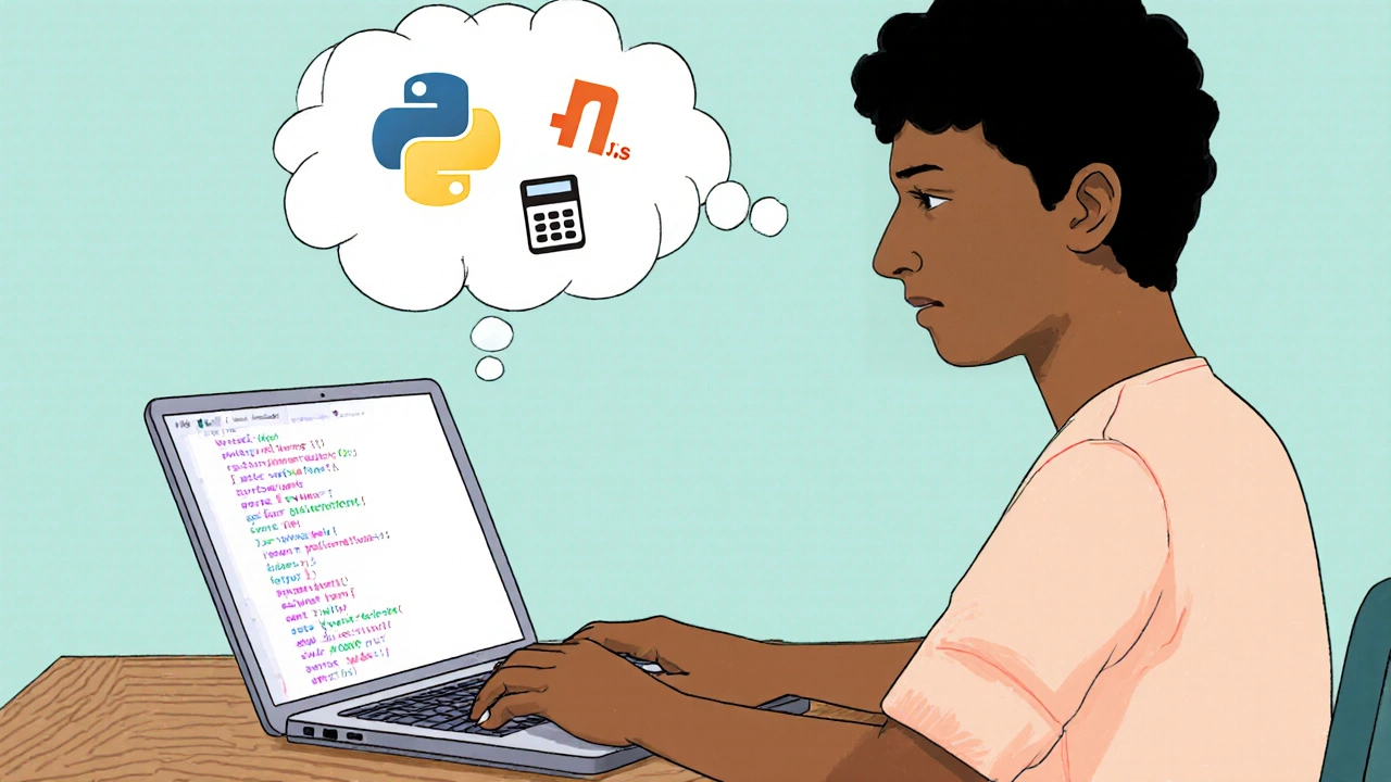 Beginner coder thinking of math tools while working on a laptop.
