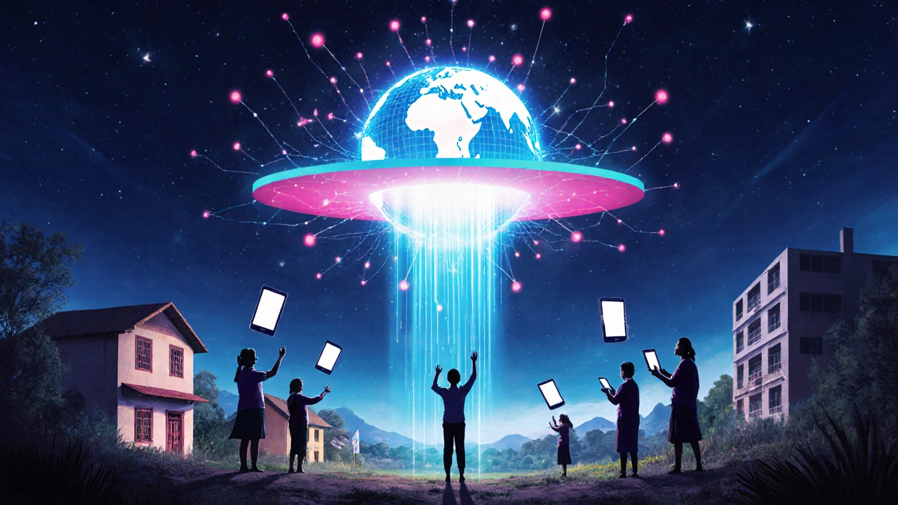 Concept art of teachers and students across India looking up at a glowing Byju's platform.