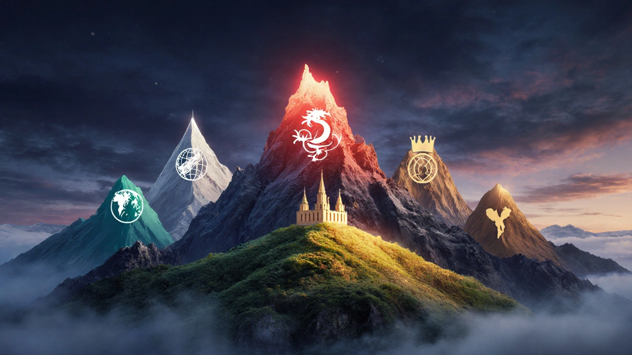 Digital art of six mountain peaks symbolizing different global school board exams at twilight.