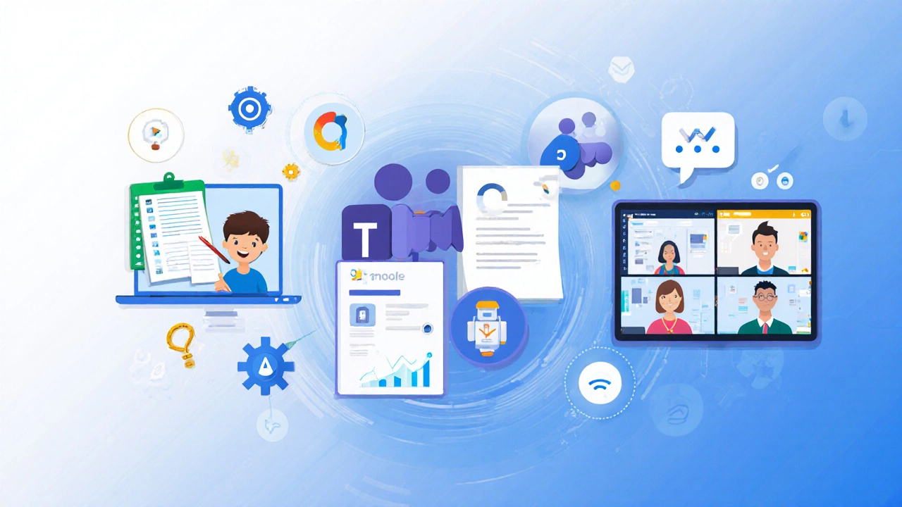 Digital collage showing Google Classroom, Microsoft Teams, and Moodle with AI elements.