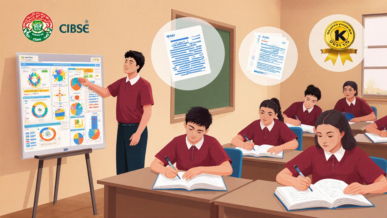 Dubai CBSE classroom with students doing projects, studying Arabic and physics, and exam icons.
