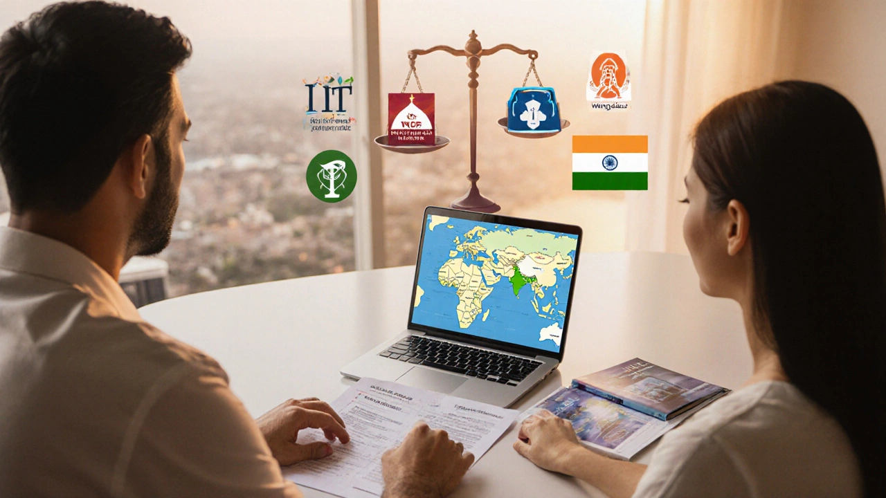 Family reviewing maps, tuition costs, and university brochures to choose between Dubai and India.