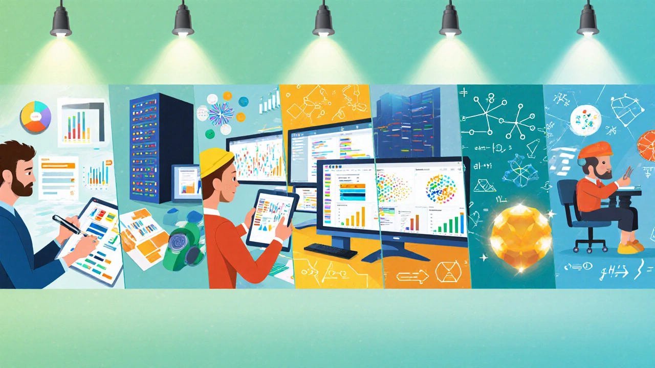 Five panels showing different developer roles with related math visuals.