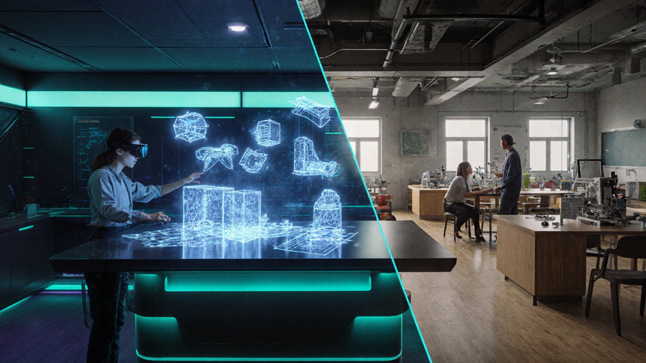 Futuristic blended learning space with holographic displays and a physical lab area.