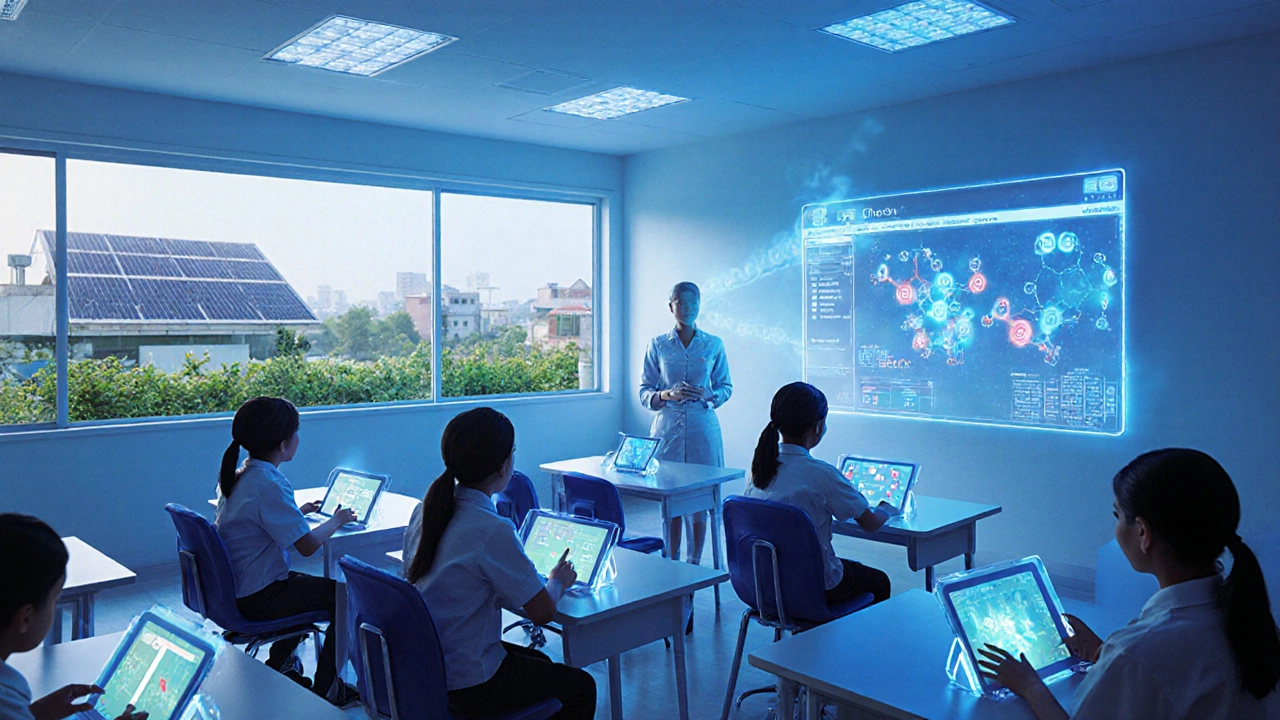 Futuristic CBSE classroom with holographic tablets, AI teacher, and digital assessment displays.