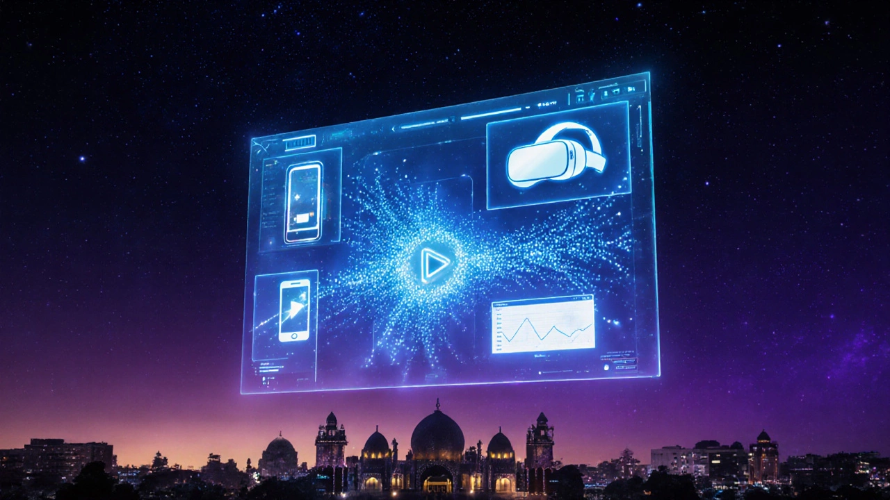 Futuristic holographic LXP interface displaying VR, mobile, video, and xAPI data streams.