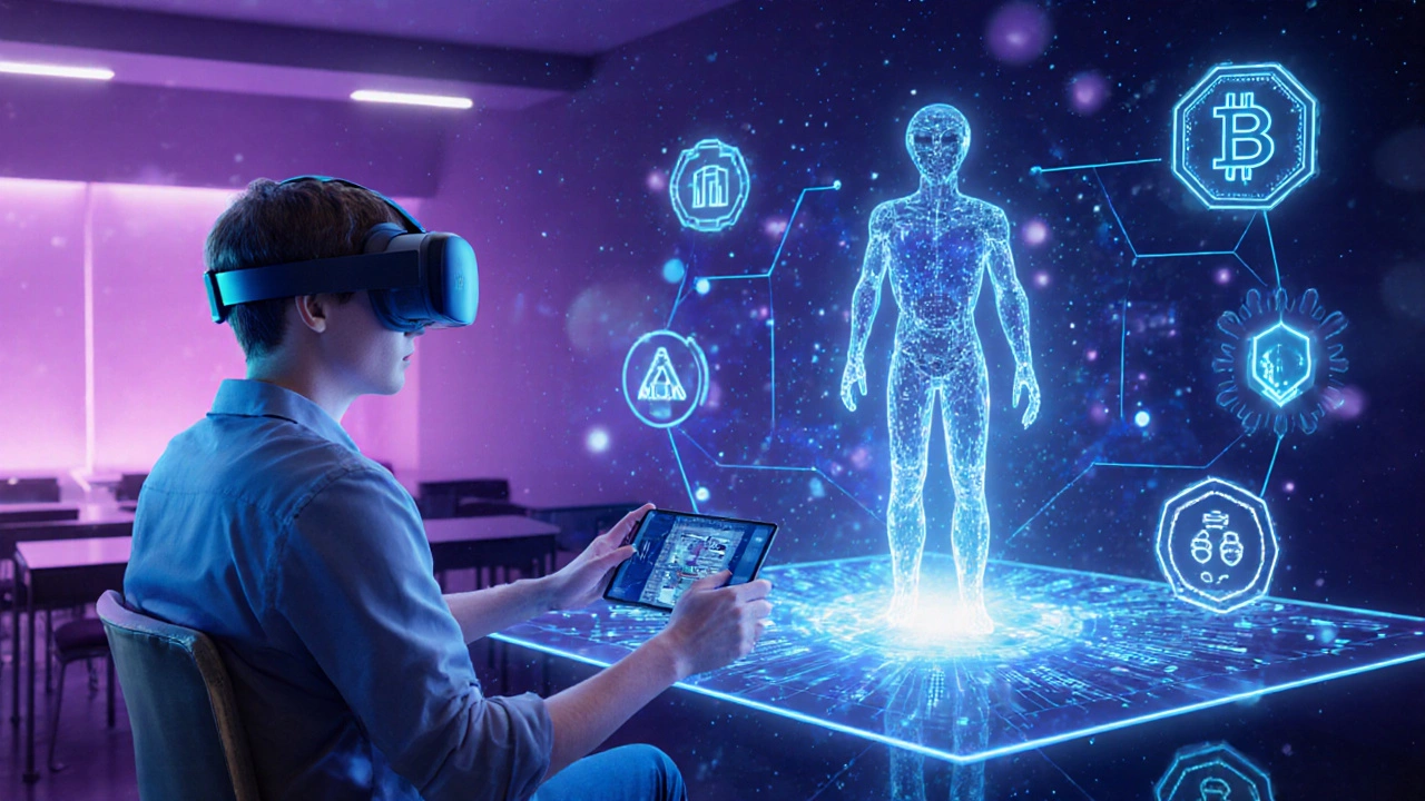 Futuristic VR learner guided by an AI avatar with holographic blockchain badge.
