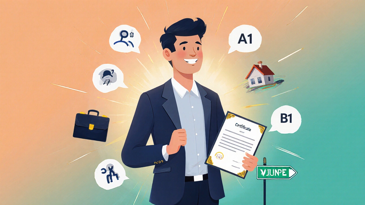 Graduate holding certificate surrounded by symbols of work, home, speech, and next level.