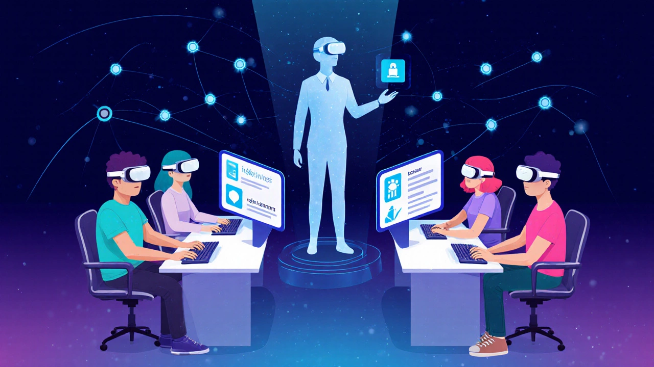 Hybrid learning scene with AR glasses, holographic instructor, and network connections linking learners.