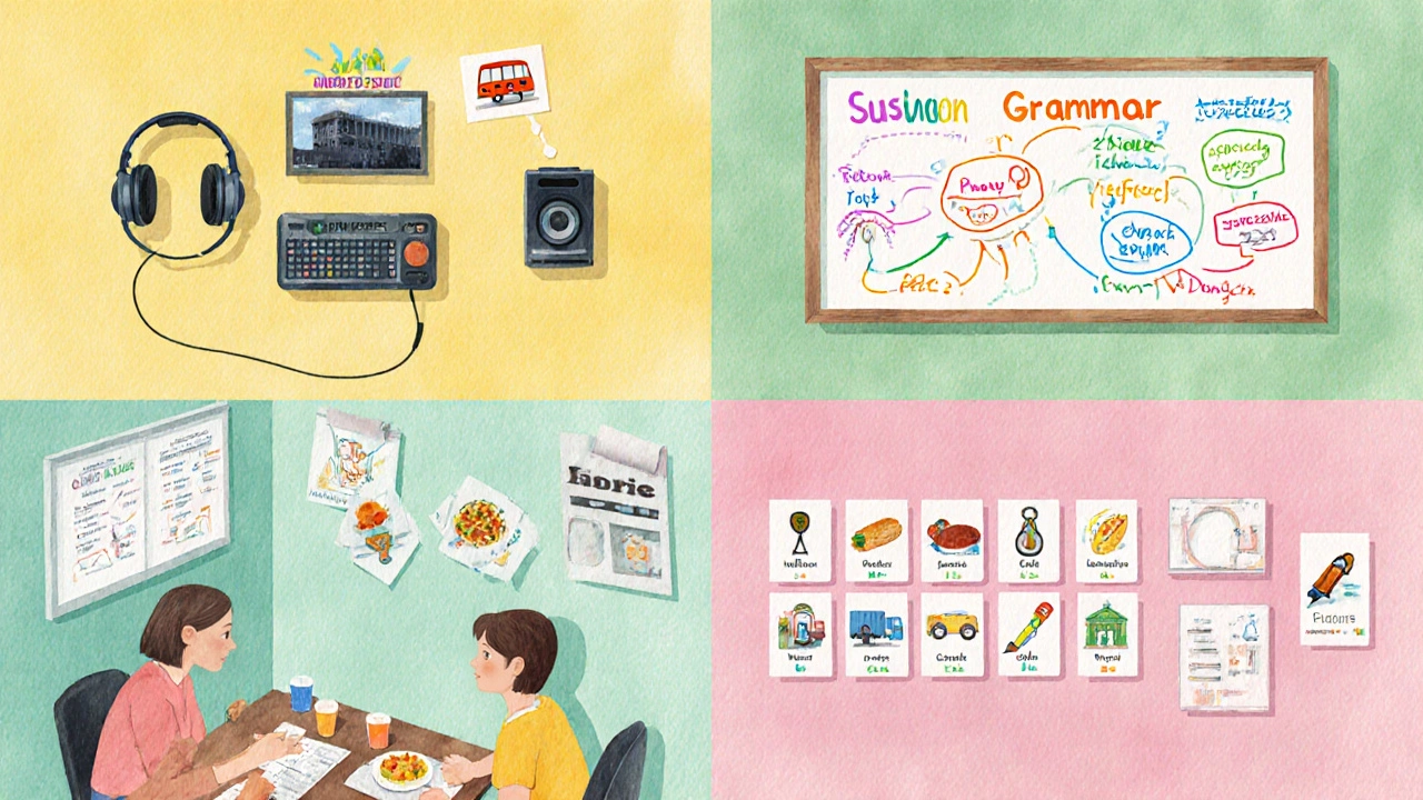 Illustrated language studio with stations for listening, grammar, role‑play, and vocab.