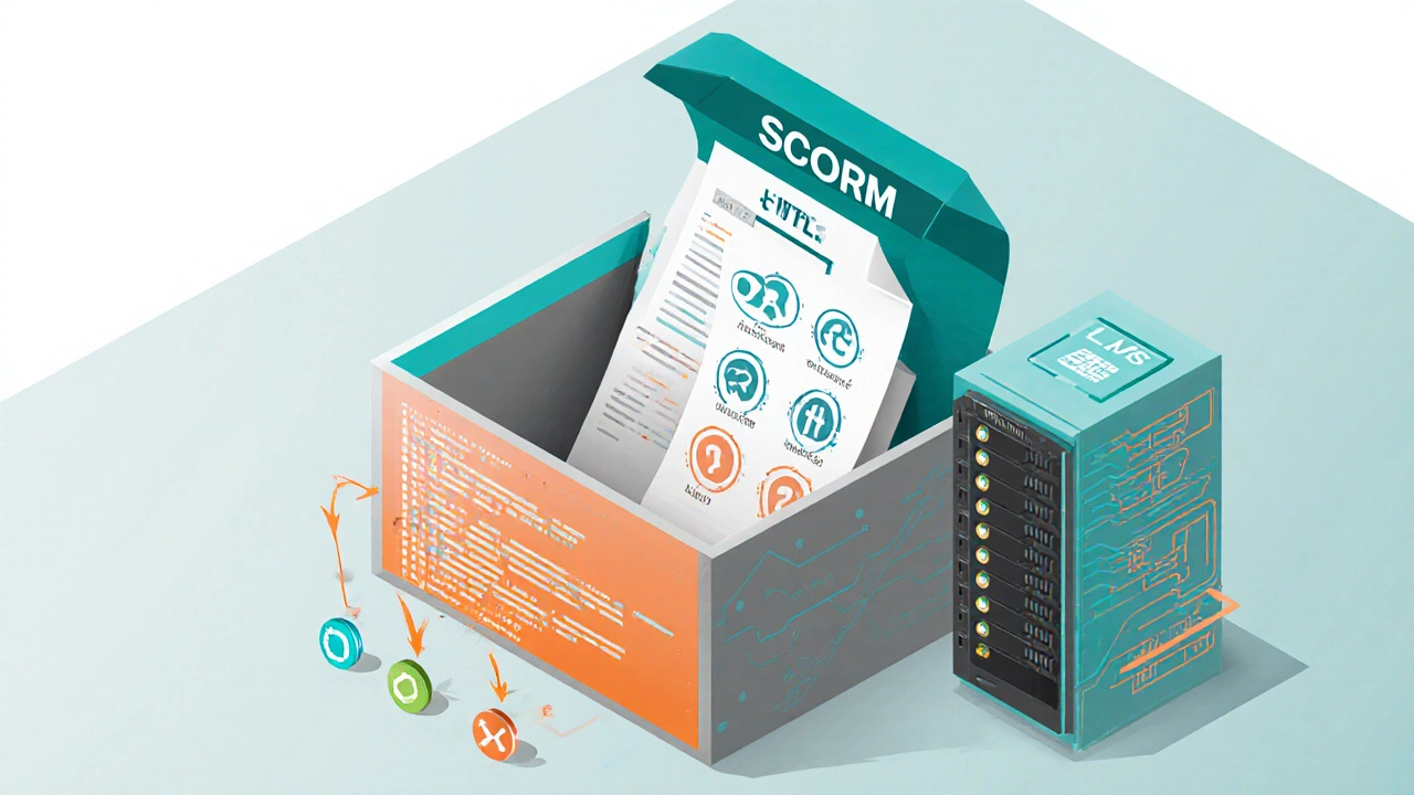 Isometric view of a SCORM package showing manifest, HTML assets, and JavaScript sending scores to an LMS.