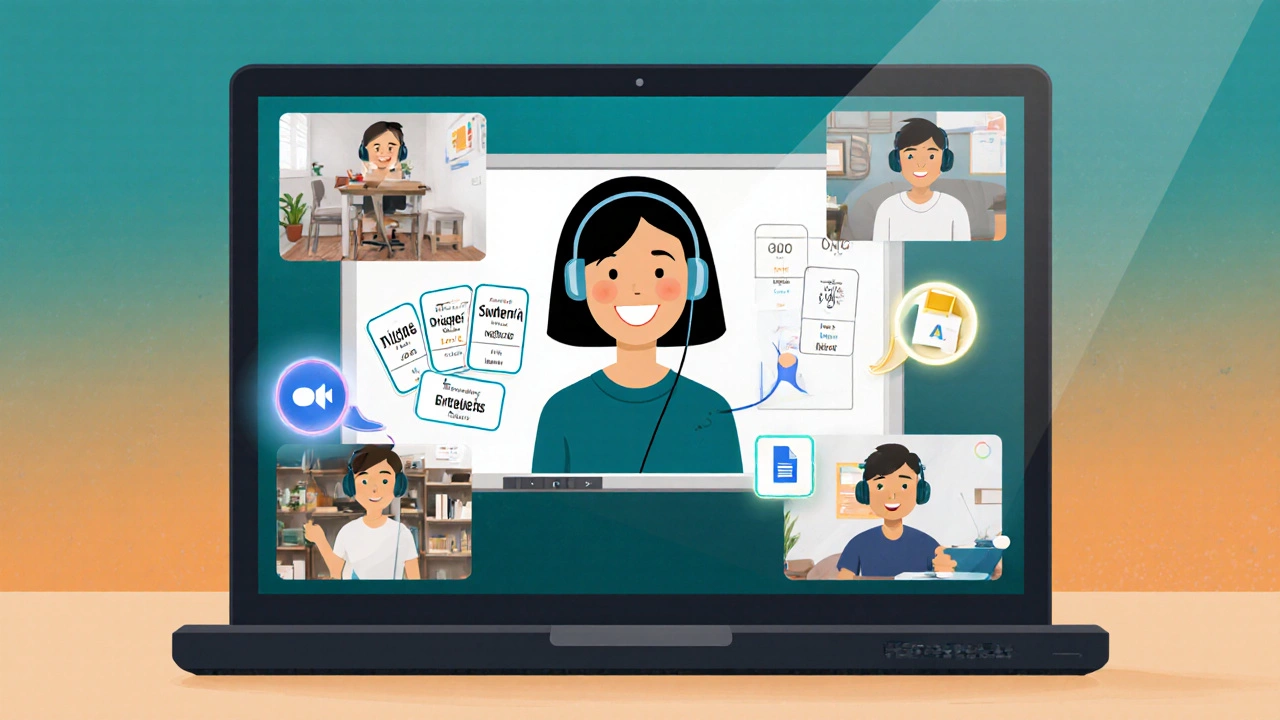 Online English class on a laptop with teacher and four adult participants in separate windows.