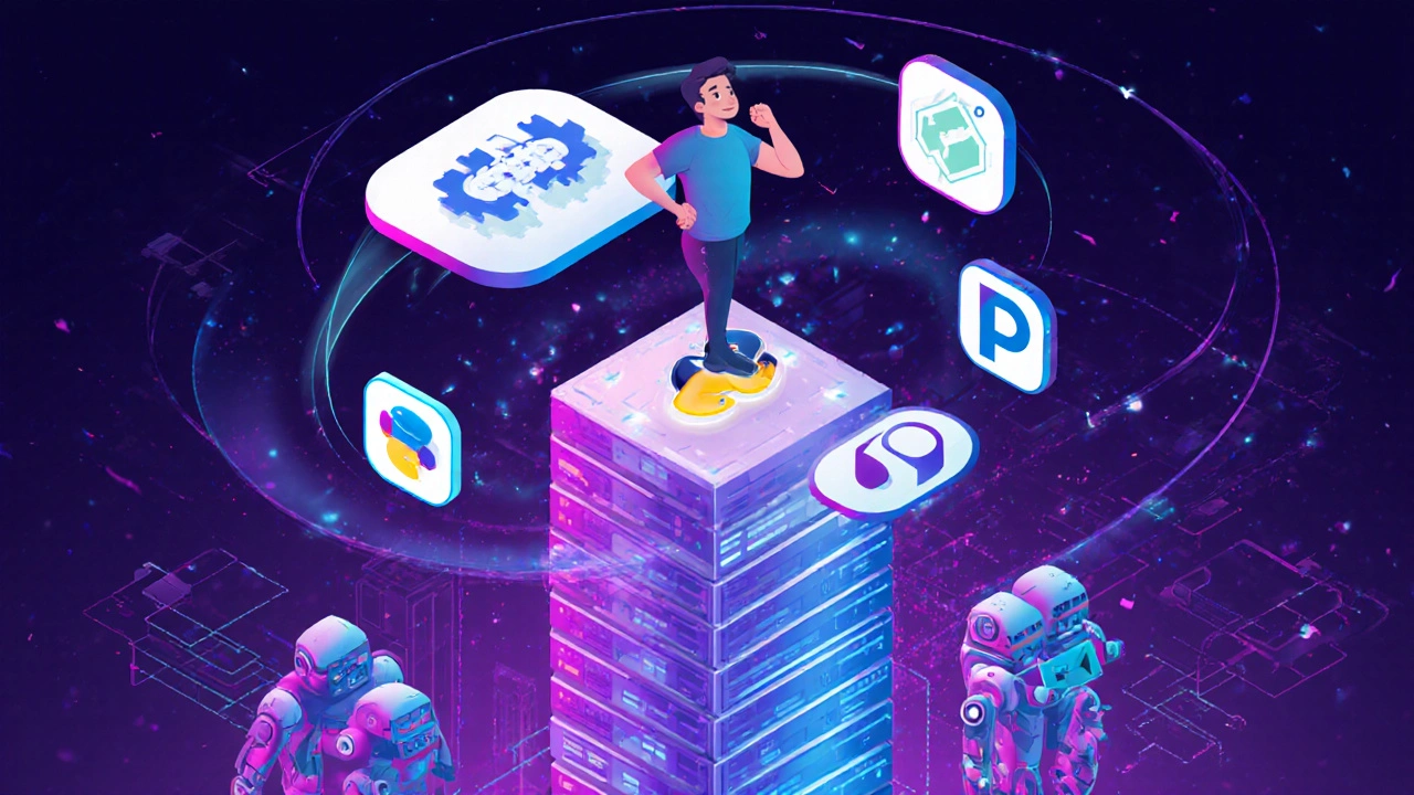 Python developer surrounded by floating AI and data science icons in a futuristic city.