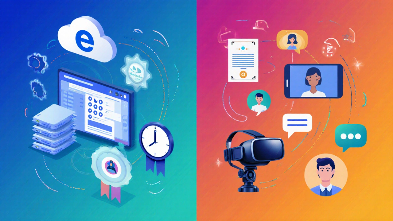 Side-by-side illustration highlighting eLearning icons versus virtual learning interactive tools.
