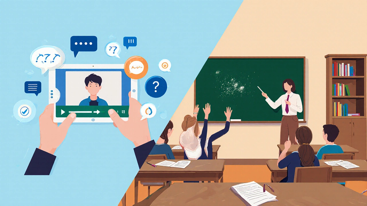Side-by-side vector illustration of a student using a tablet and a teacher at a blackboard.