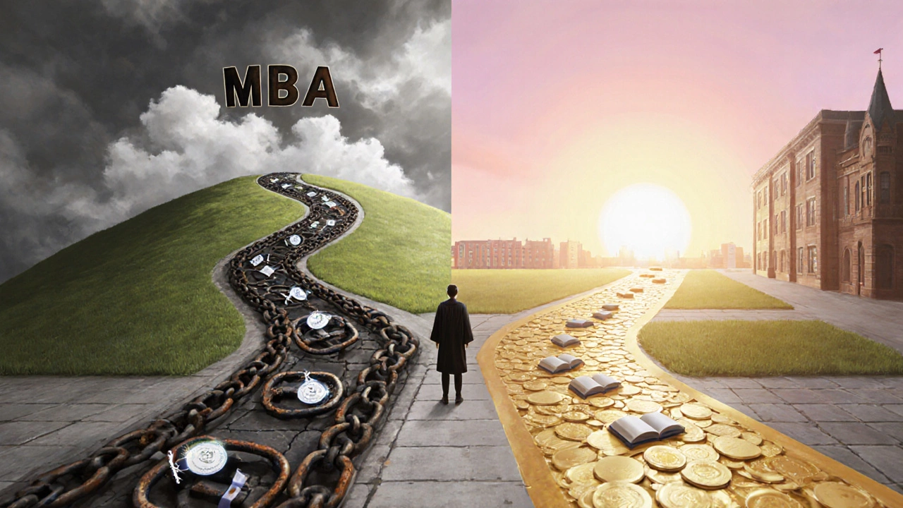 Split campus road: dark chained MBA path leading uphill, bright certification path toward sunrise.