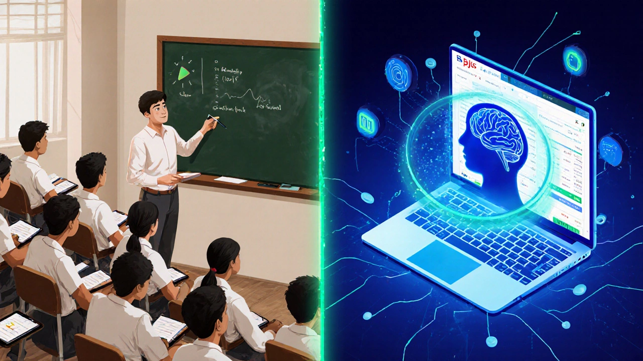 Split illustration contrasting a traditional classroom with a futuristic Byju's digital interface.
