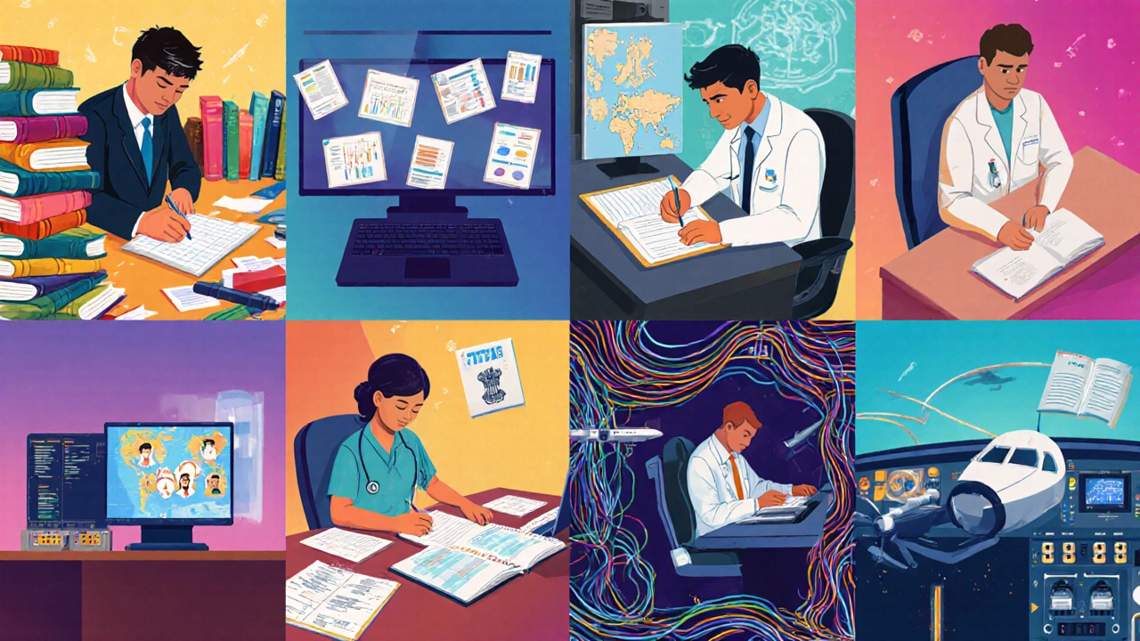 Split‑screen illustration of eight candidates preparing for different hard professional exams.