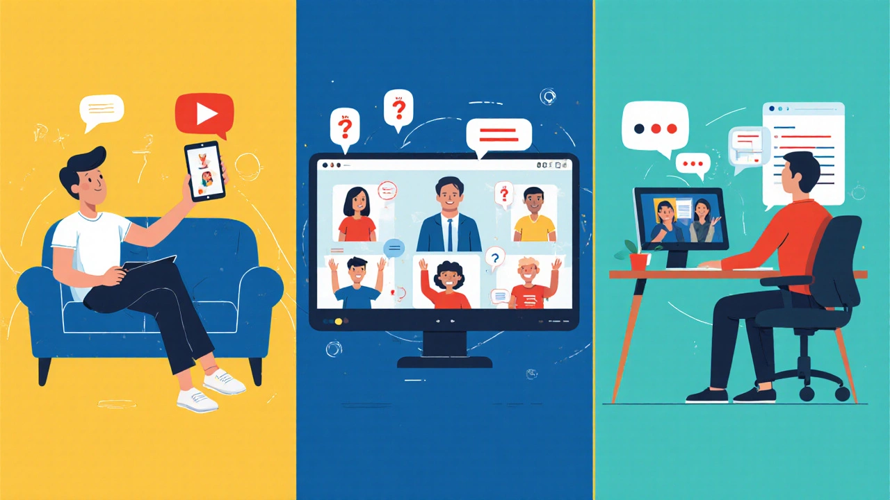 Split-screen illustration of self‑paced, instructor‑led, and blended eLearning scenes.
