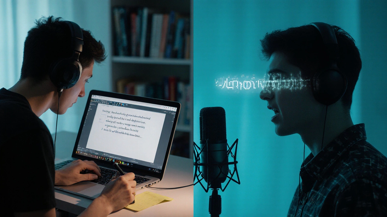 Split-screen: person watches subtitled video with headphones, then practices speaking into a mic.