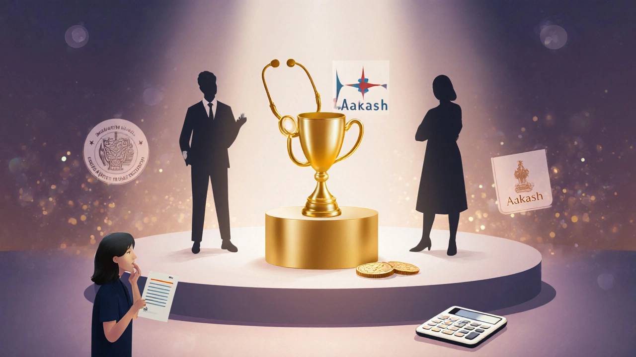 Stage with a stethoscope trophy, spotlight on Aakash, and a student considering enrollment.