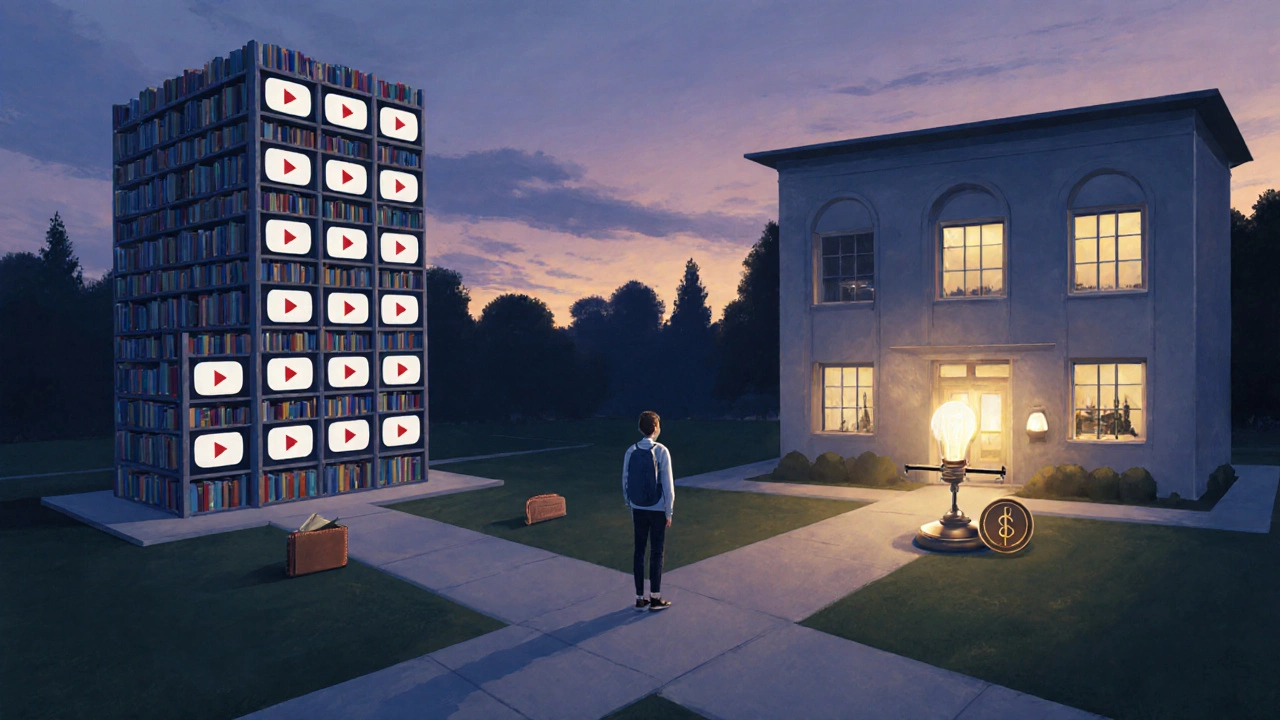 Student at a dusk crossroads choosing between a video library and a live‑class building.