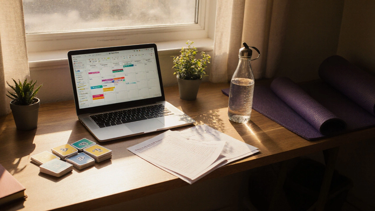 Sunrise‑lit study nook with schedule, flashcards, laptop, and yoga mat indicating balanced prep.