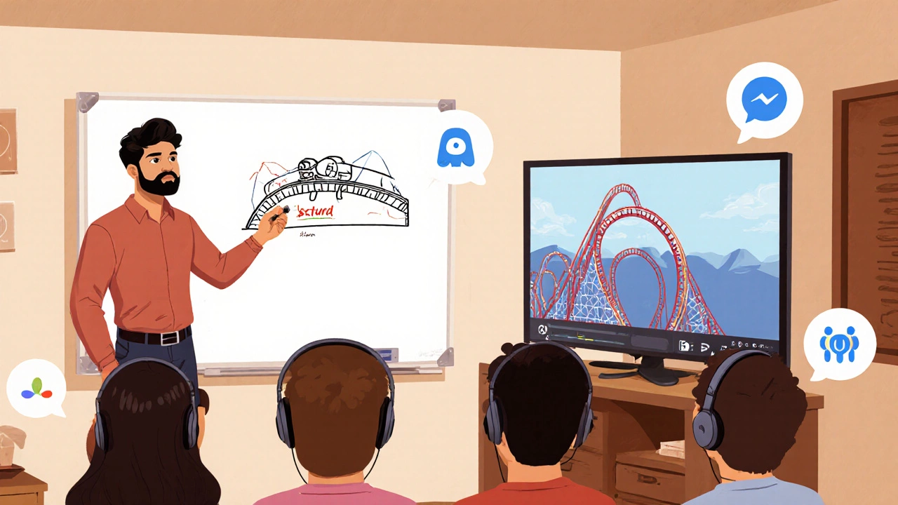 Teacher using a roller‑coaster analogy on a whiteboard while students watch online.