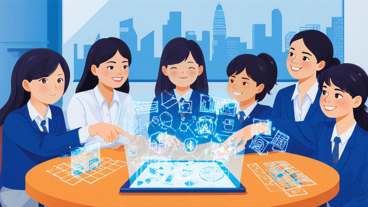 Teachers collaborate around a table with holographic math visuals in a bright workshop.