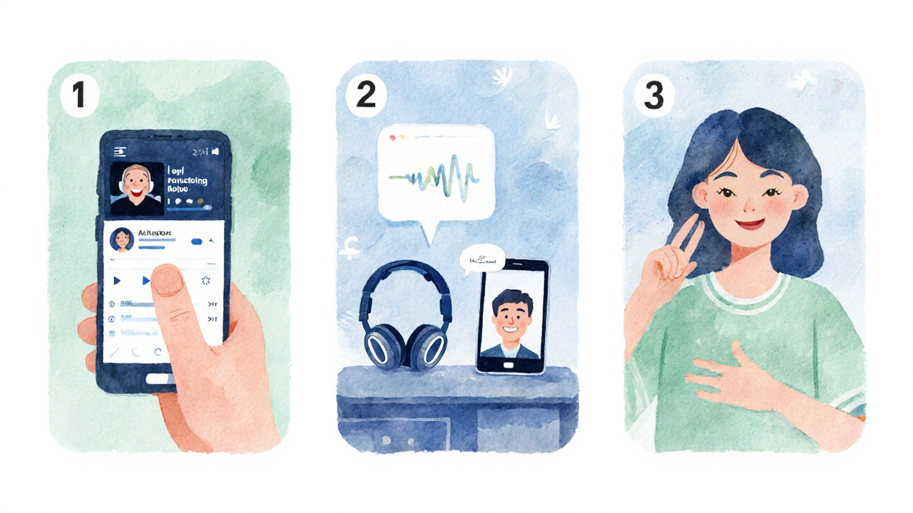 Three‑panel illustration of shadowing a podcast, recording a monologue, and a live tutor video call.