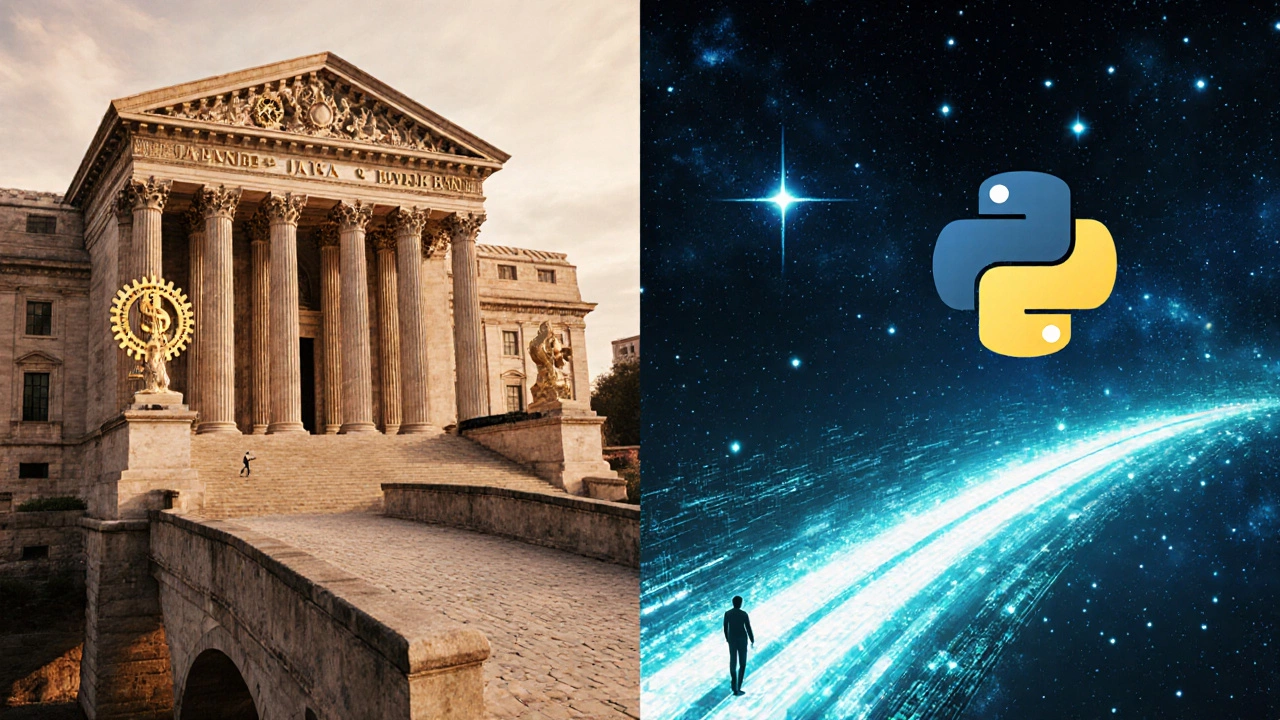 Two career paths: one leading to a traditional bank, the other to a digital AI cosmos.