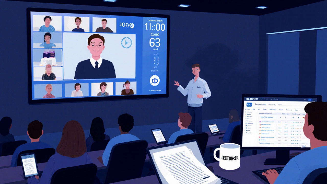 University professor conducting a live Zoom session with students watching on laptops.