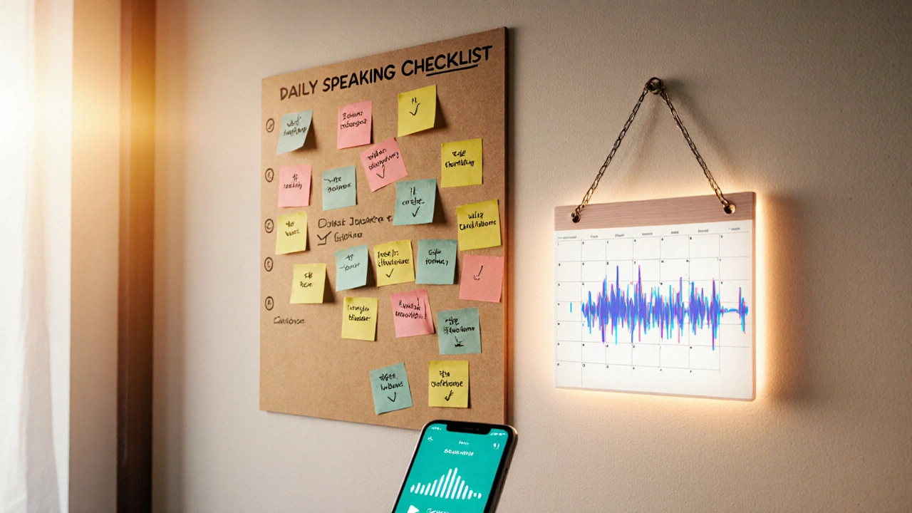Wall checklist with sticky notes, calendar, and phone showing audio waves, representing a 30‑day speaking sprint.