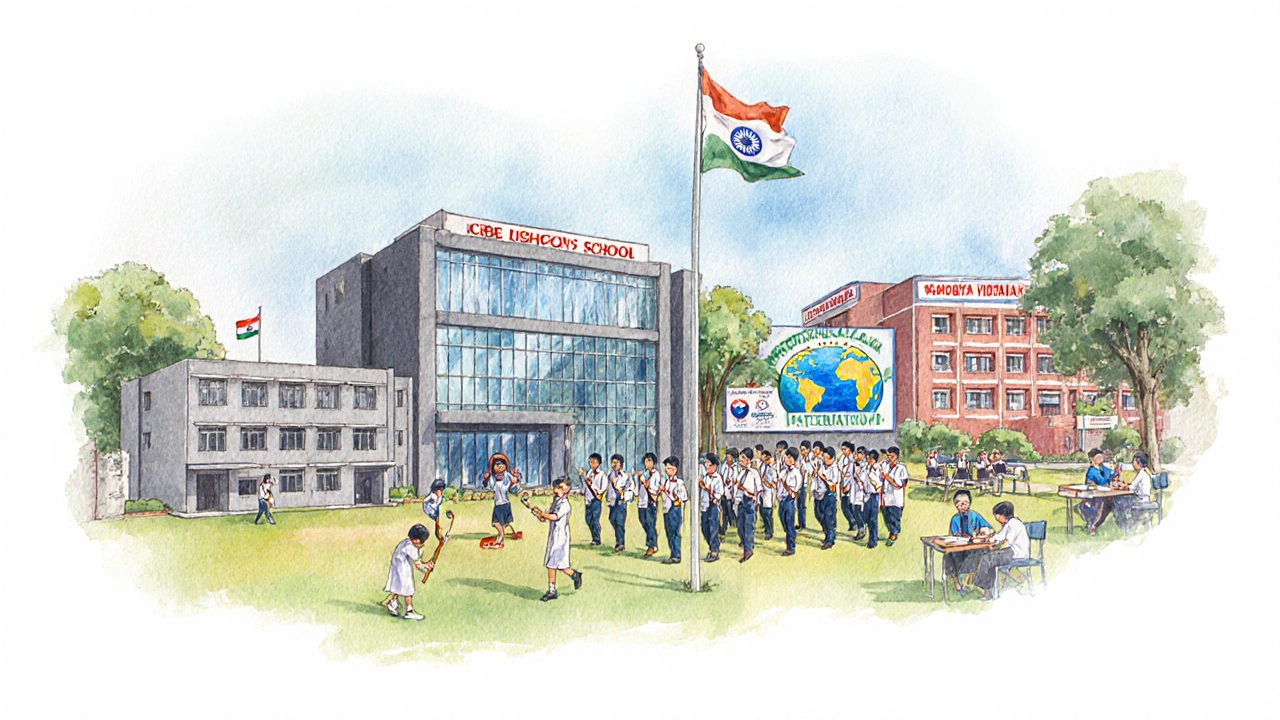 Watercolor collage of government, private, Kendriya, Navodaya, and international CBSE schools.