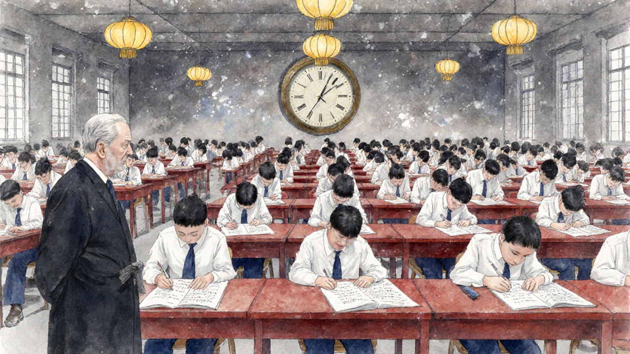Watercolor of a crowded Gaokao exam hall with students at desks under bright lanterns.