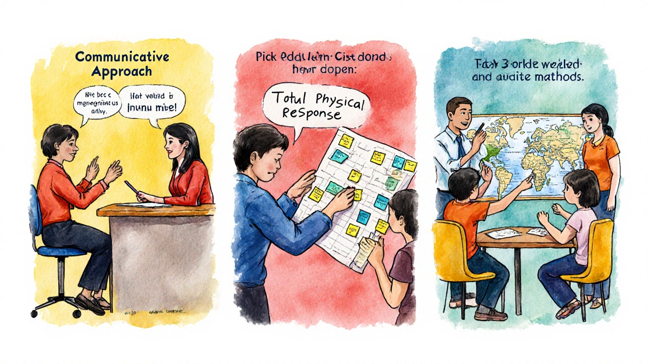 Watercolor panels showing role‑play, command‑based activity, and trip‑planning tasks.