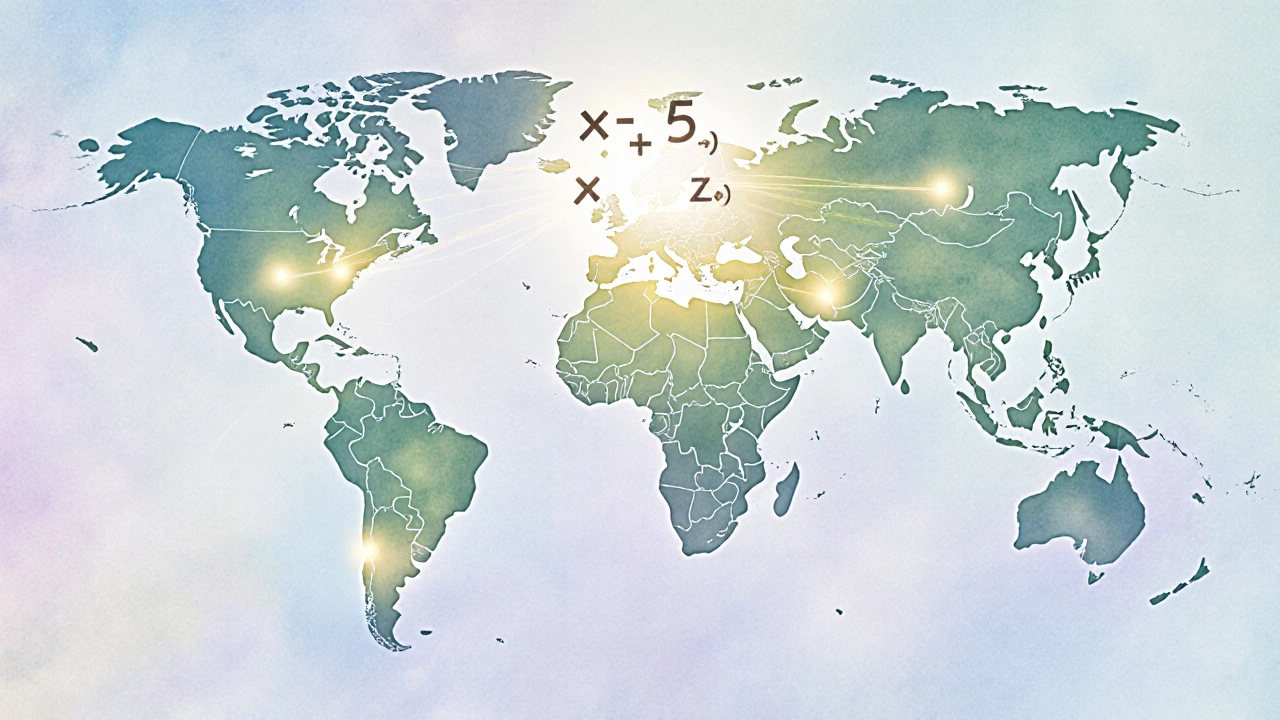 World map shows glowing halos over Singapore, Hong Kong, Shanghai, Finland, and Japan linked to a central equation.